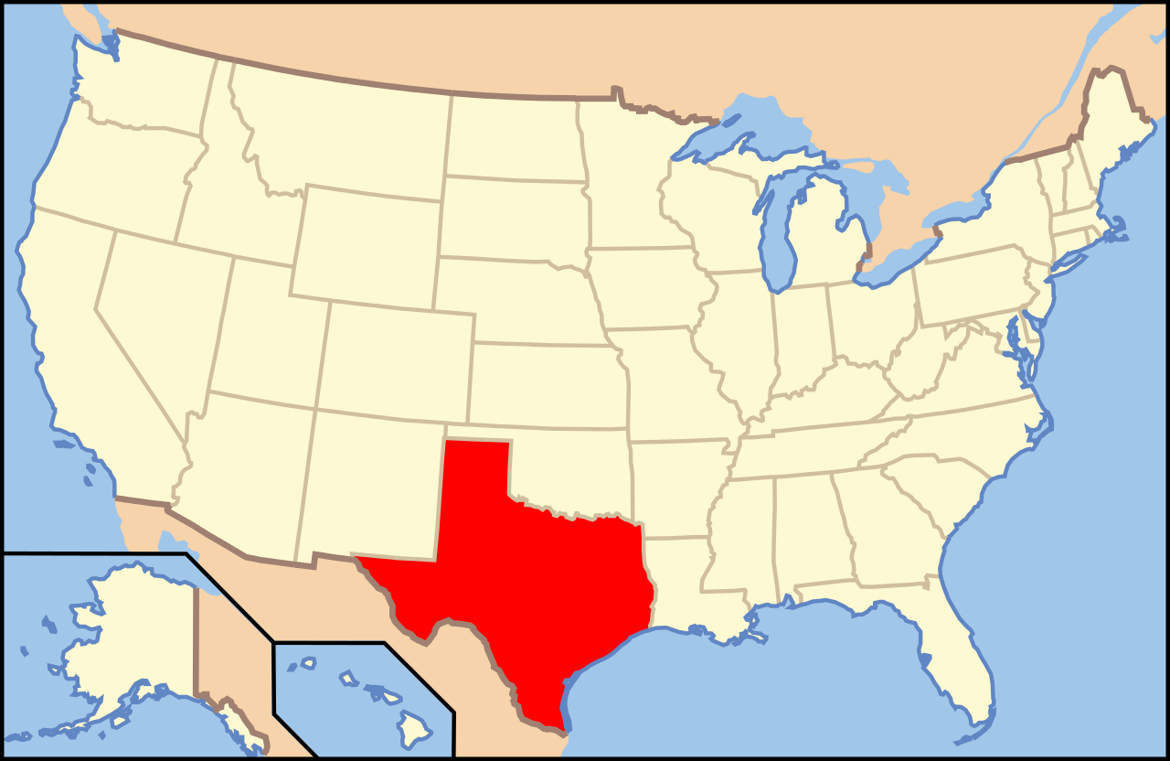 Map of US with Texas Highlighted by Wapcaplet