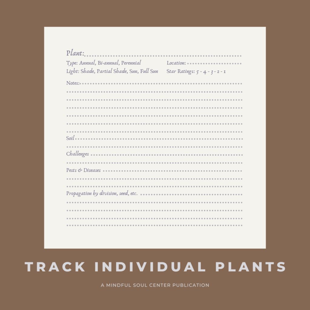 Preview of the plant tracker page in the spiral-bound Garden book and planner - A Garden Planner: Dream it, Build it, Watch it Grow written and designed by Amy Adams, the Mindful Soul Center