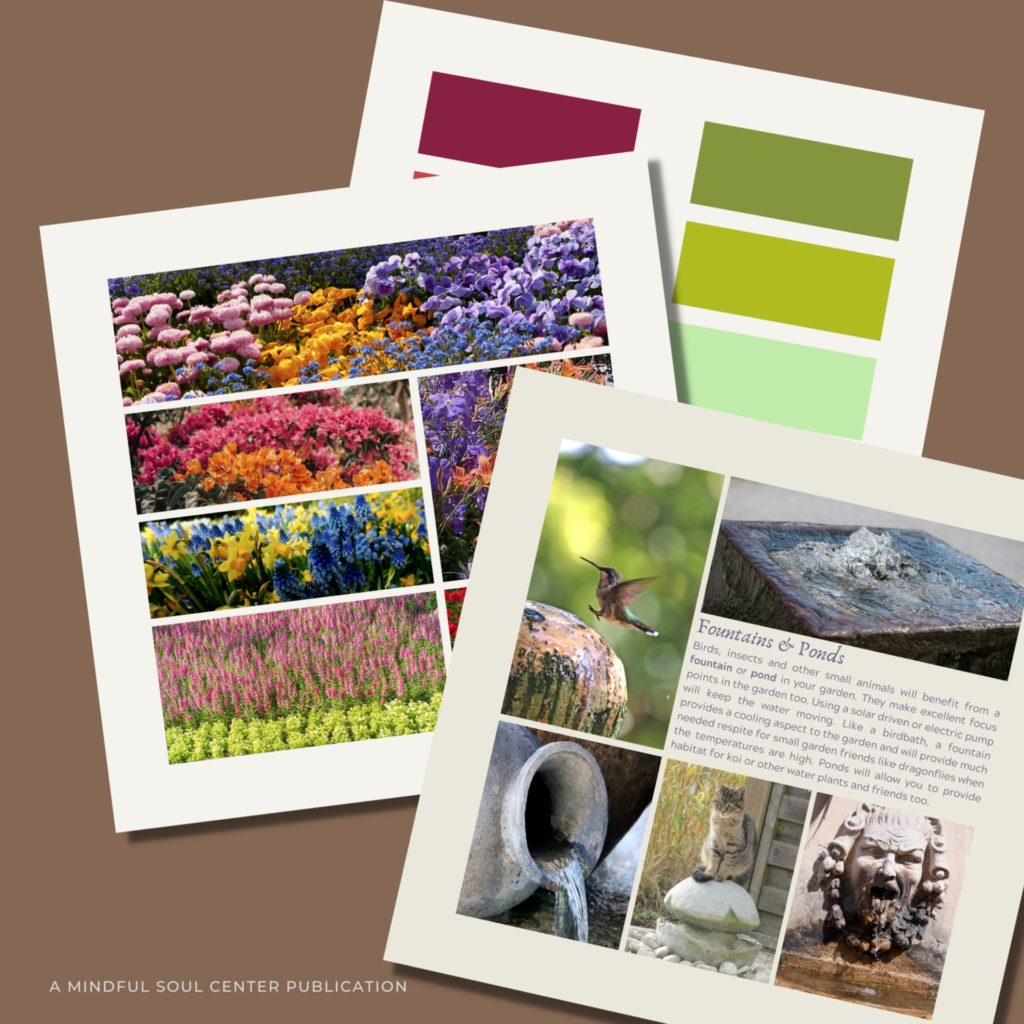 Preview of a selection of the garden inspiration and color planning pages in th spiral-bound Garden book and planner - A Garden Planner: Dream it, Build it, Watch it Grow written and designed by Amy Adams, the Mindful Soul Center