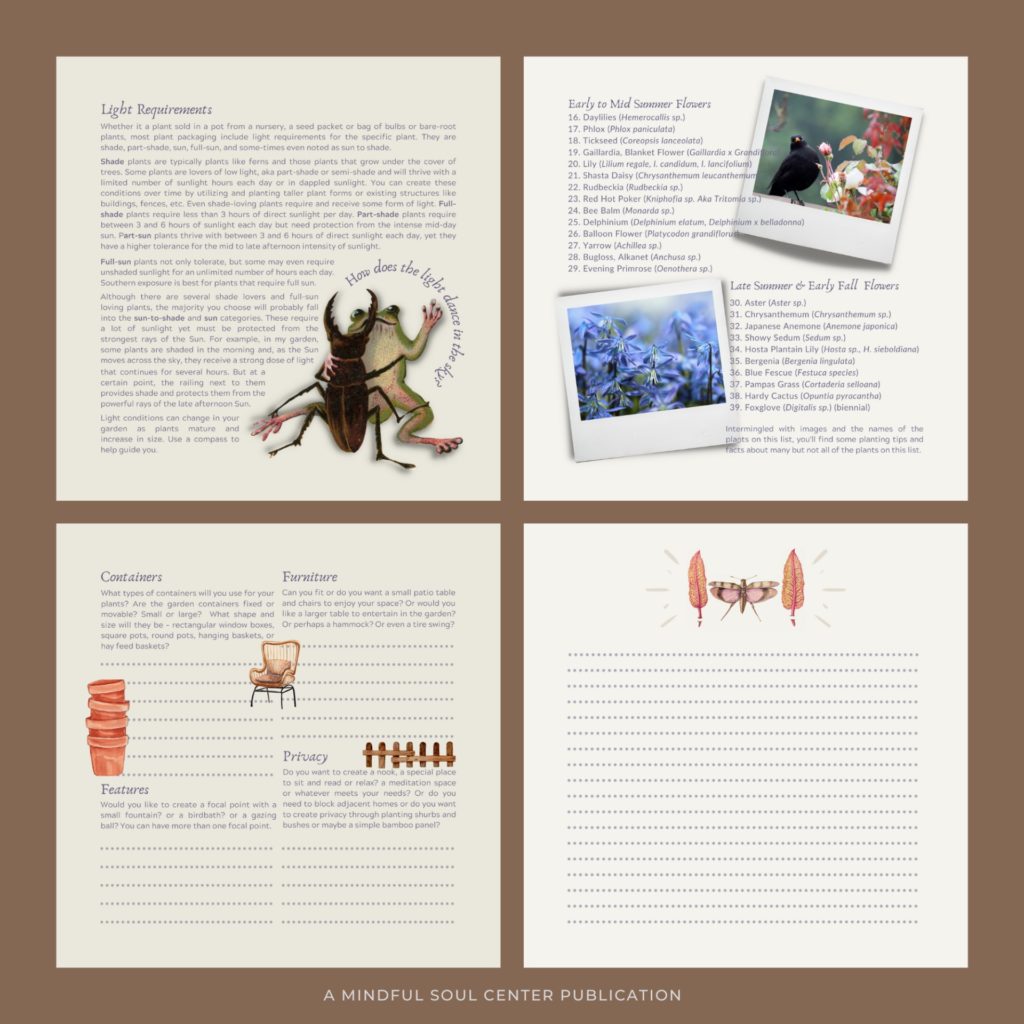 Preview of a selection of pages from the spiral-bound Garden book and planner - A Garden Planner: Dream it, Build it, Watch it Grow written and designed by Amy Adams, the Mindful Soul Center
