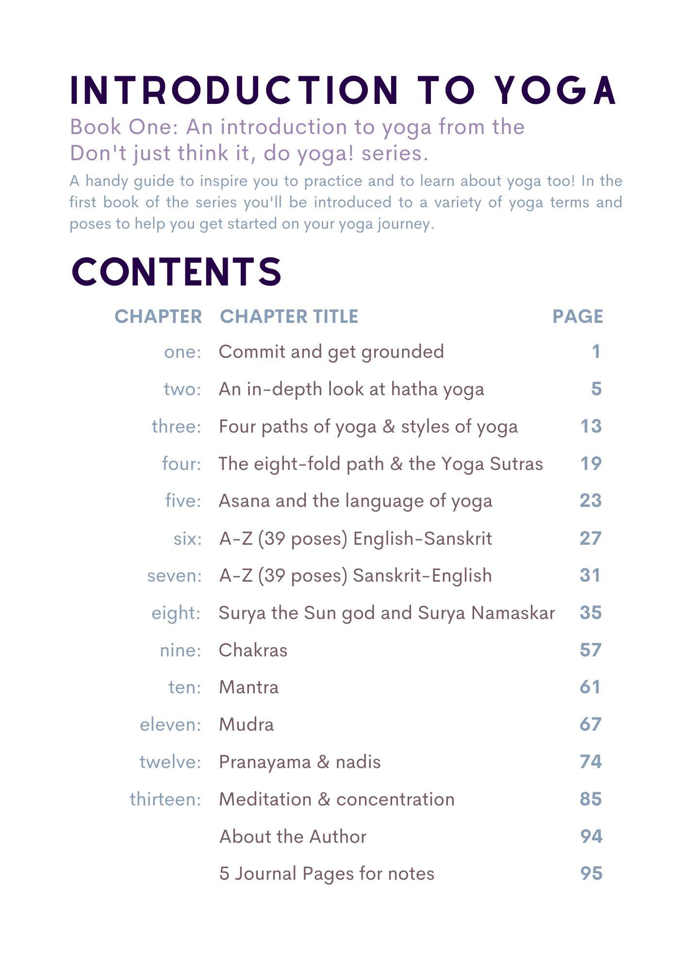 Don't just think it, do yoga book number one's contents from Introduction to Yoga by Amy Adams