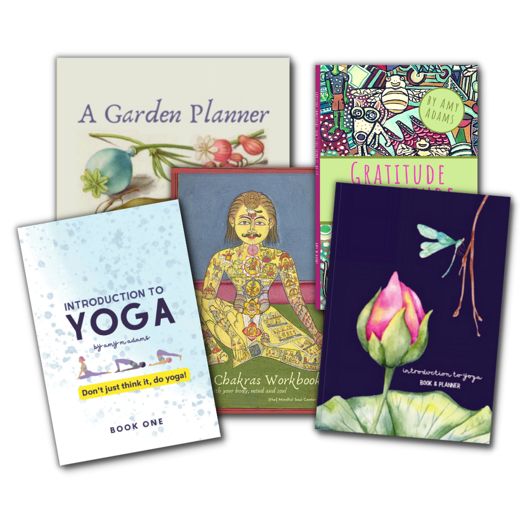 Mindful Soul Center books and planners - a garden planner, introduction to yoga, gratitude shmatitude and the seven chakras workbook