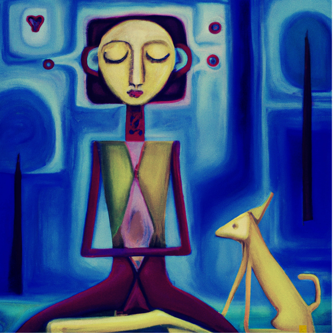 Mindful Soul Center Dog Grief Course: painting of woman meditating and dog sitting next to her